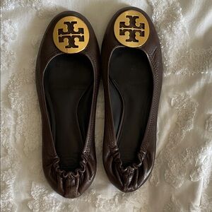 Tory Burch Chocolate Brown Flats with Gold Logo